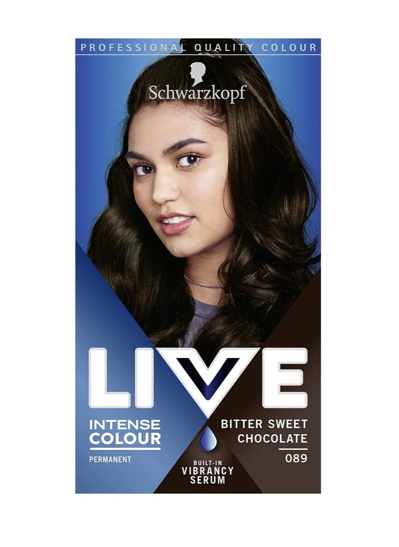 Schwarzkopf - LIVE Intense Colour Long Lasting Permanent Brown Hair Dye With Built In Vibrancy Serum Up To 100 percent Grey Coverage Bitter Sweet Chocolate 089 - Image 1