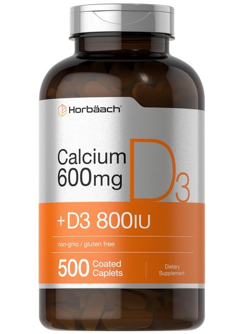 Horbäach Calcium Supplement with Vitamin D3 | 600 mg | 500 Coated Caplets | Non-GMO and Gluten Free