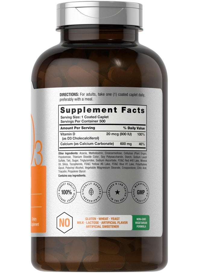 Horbäach Calcium Supplement with Vitamin D3 | 600 mg | 500 Coated Caplets | Non-GMO and Gluten Free