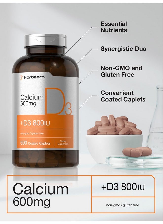 Horbäach Calcium Supplement with Vitamin D3 | 600 mg | 500 Coated Caplets | Non-GMO and Gluten Free