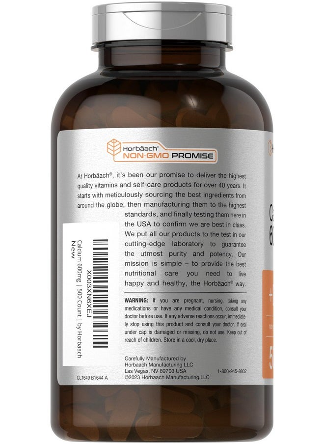 Horbäach Calcium Supplement with Vitamin D3 | 600 mg | 500 Coated Caplets | Non-GMO and Gluten Free