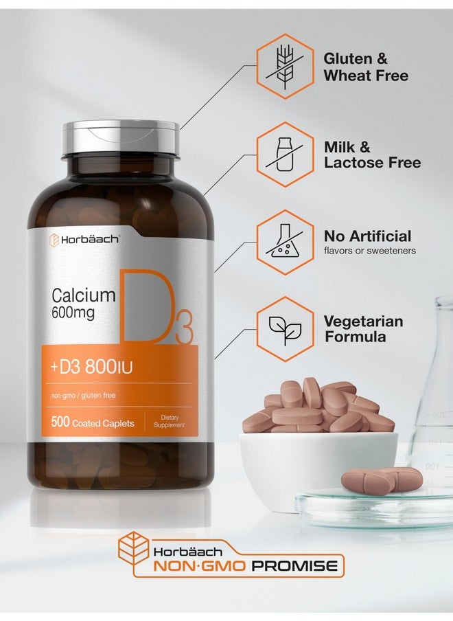 Horbäach Calcium Supplement with Vitamin D3 | 600 mg | 500 Coated Caplets | Non-GMO and Gluten Free
