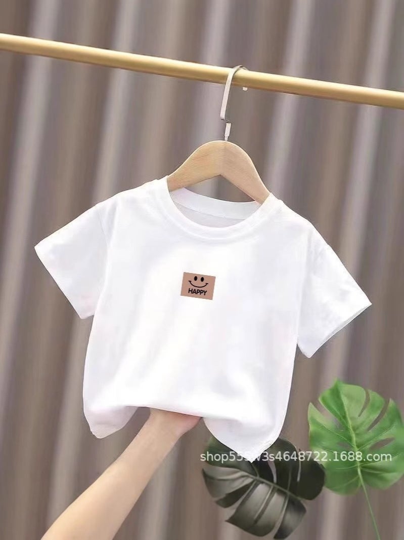 Pure Cotton White Short-Sleeved T-Shirt For Boys And Girls, Summer Thin Printed Bottoming Shirt, Versatile Children'S Clothing Top - Image 2