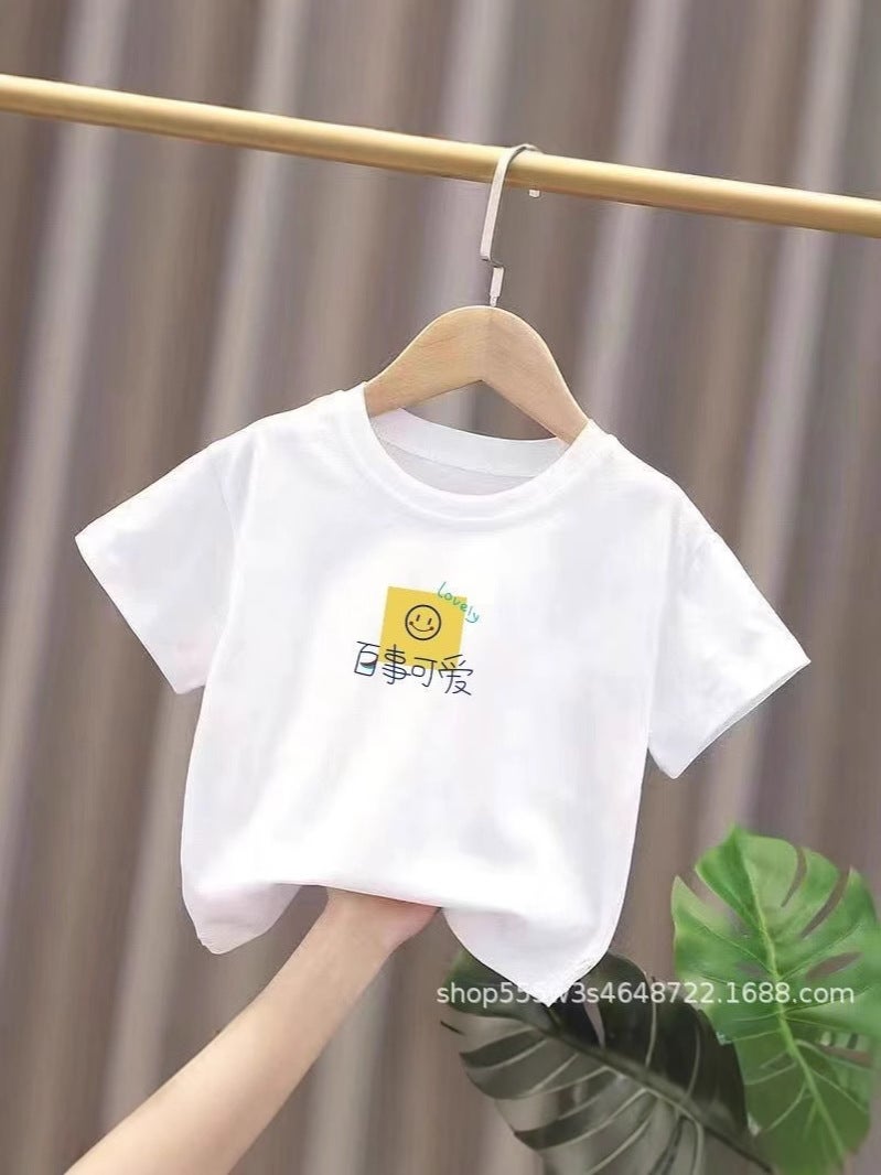 Pure Cotton White Short-Sleeved T-Shirt For Boys And Girls, Summer Thin Printed Bottoming Shirt, Versatile Children'S Clothing Top - Image 3