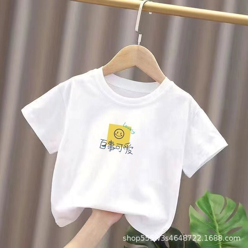 Pure Cotton White Short-Sleeved T-Shirt For Boys And Girls, Summer Thin Printed Bottoming Shirt, Versatile Children'S Clothing Top - Image 1