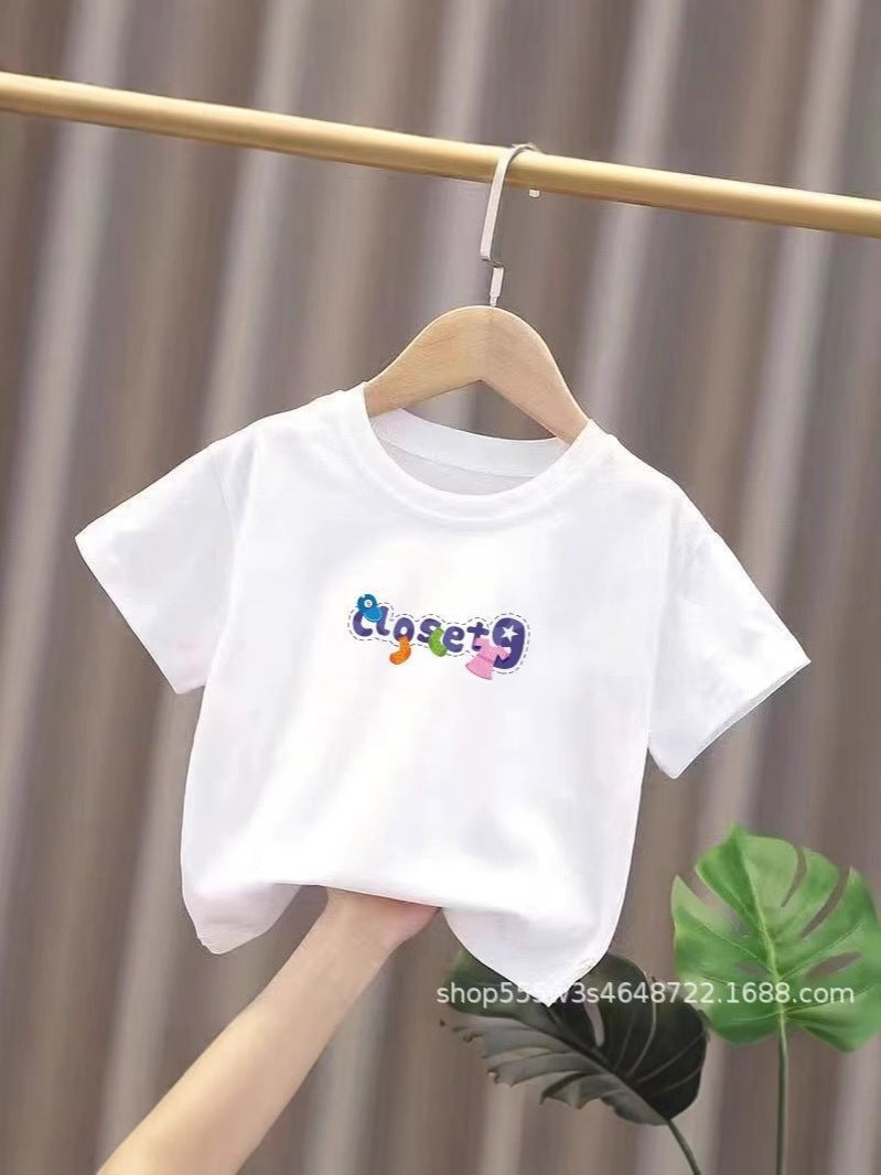 Pure Cotton White Short-Sleeved T-Shirt For Boys And Girls, Summer Thin Printed Bottoming Shirt, Versatile Children'S Clothing Top - Image 5