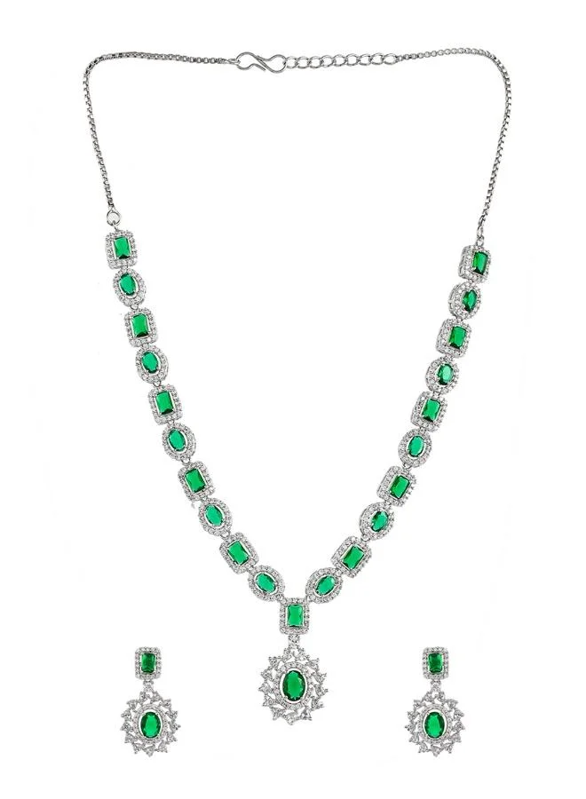VOYLLA Sparkling Elegance Green and White CZ Brass Silver Plated Jewellery Set