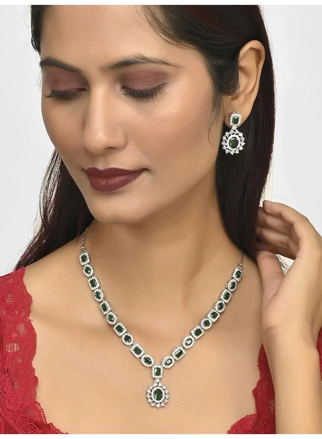VOYLLA Sparkling Elegance Green and White CZ Brass Silver Plated Jewellery Set