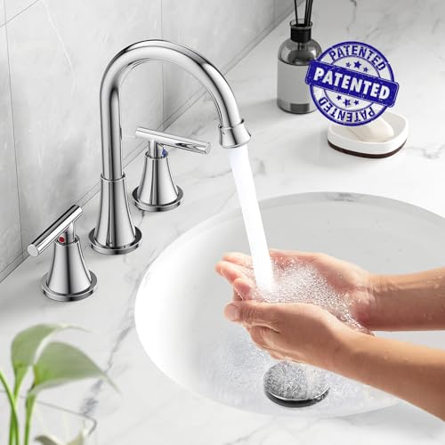 Hurran Bathroom Faucets for Sink 3 Hole, Hurran Chrome Bathroom Sink Faucet with Pop-up Drain and Supply Lines, Stainless Steel Lead-Free Widespread Faucet for Vanity RV Farmhouse, 2 Pack - Image 2