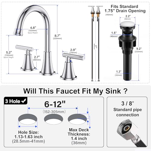 Hurran Bathroom Faucets for Sink 3 Hole, Hurran Chrome Bathroom Sink Faucet with Pop-up Drain and Supply Lines, Stainless Steel Lead-Free Widespread Faucet for Vanity RV Farmhouse, 2 Pack - Image 5