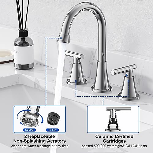 Hurran Bathroom Faucets for Sink 3 Hole, Hurran Chrome Bathroom Sink Faucet with Pop-up Drain and Supply Lines, Stainless Steel Lead-Free Widespread Faucet for Vanity RV Farmhouse, 2 Pack - Image 4