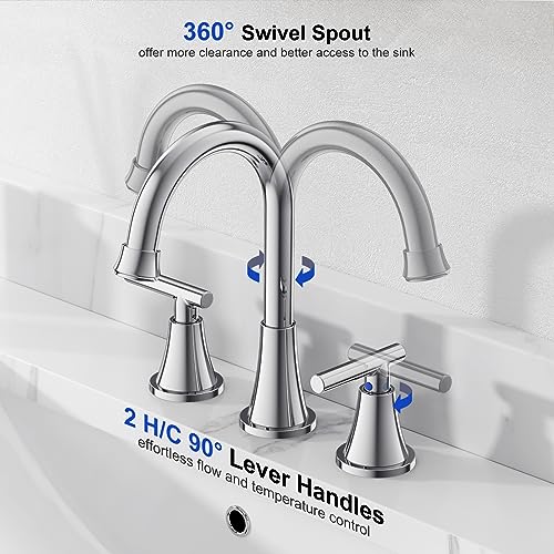 Hurran Bathroom Faucets for Sink 3 Hole, Hurran Chrome Bathroom Sink Faucet with Pop-up Drain and Supply Lines, Stainless Steel Lead-Free Widespread Faucet for Vanity RV Farmhouse, 2 Pack - Image 3