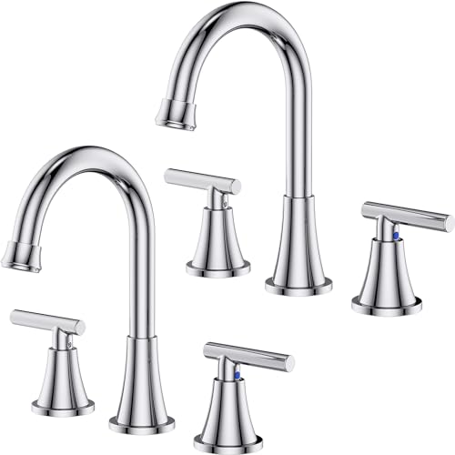 Hurran Bathroom Faucets for Sink 3 Hole, Hurran Chrome Bathroom Sink Faucet with Pop-up Drain and Supply Lines, Stainless Steel Lead-Free Widespread Faucet for Vanity RV Farmhouse, 2 Pack - Image 1