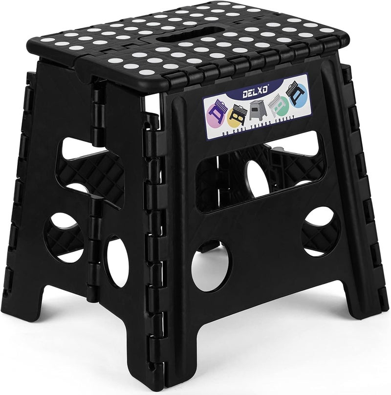 Delxo Folding Step Stool, 13 inch Non-Slip Foldable Stools Up to 300 LBS, Step Stool with Handle, Lightweight for Kitchen, Bathroom, Bedroom, Garden, Black, 1PC - Image 1