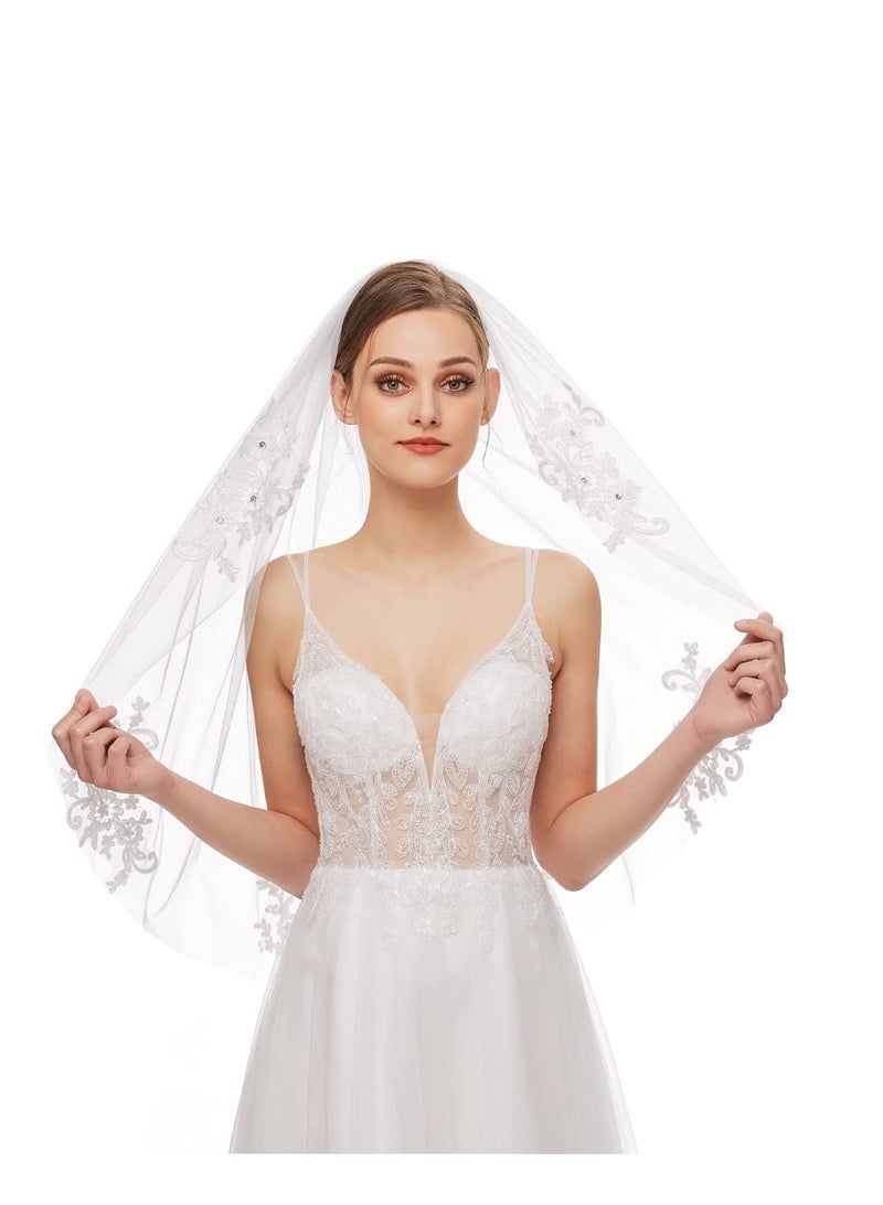 SYOSI طرحة زفاف بطول الورك من التول مع كريستالات وتطريزات دانتيل - Image 1