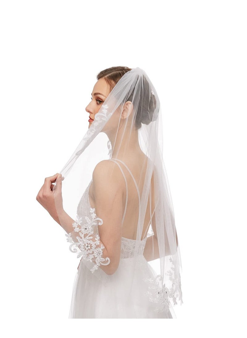 SYOSI طرحة زفاف بطول الورك من التول مع كريستالات وتطريزات دانتيل - Image 4