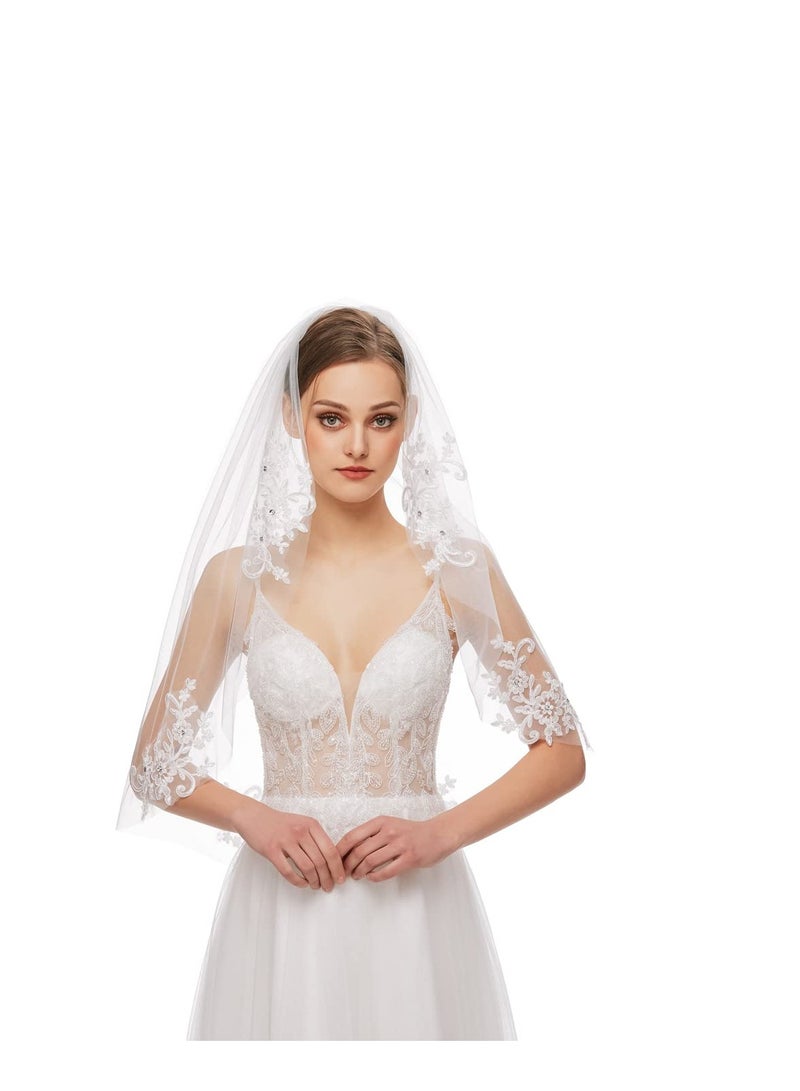 SYOSI طرحة زفاف بطول الورك من التول مع كريستالات وتطريزات دانتيل - Image 2