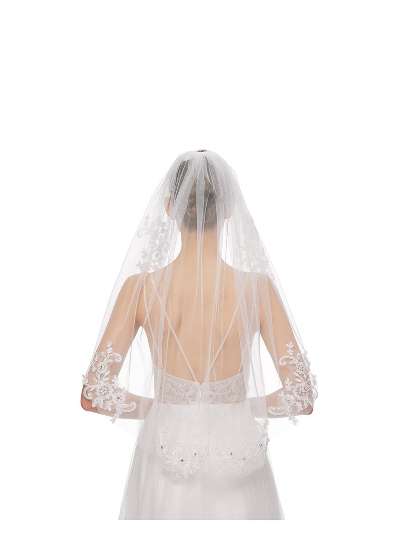 SYOSI طرحة زفاف بطول الورك من التول مع كريستالات وتطريزات دانتيل - Image 3