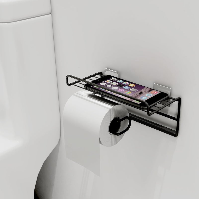RACKORA 1 Pc Adhesive Toilet Paper Holder with Shelf Tissue Paper Roll Towel Holder Storage Rack Standard Size Black - Image 3