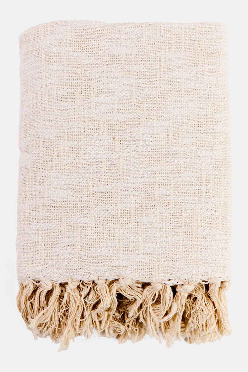 Muy Mucho Cotton Plaid With Fringes 130 x 160 cm, Cream