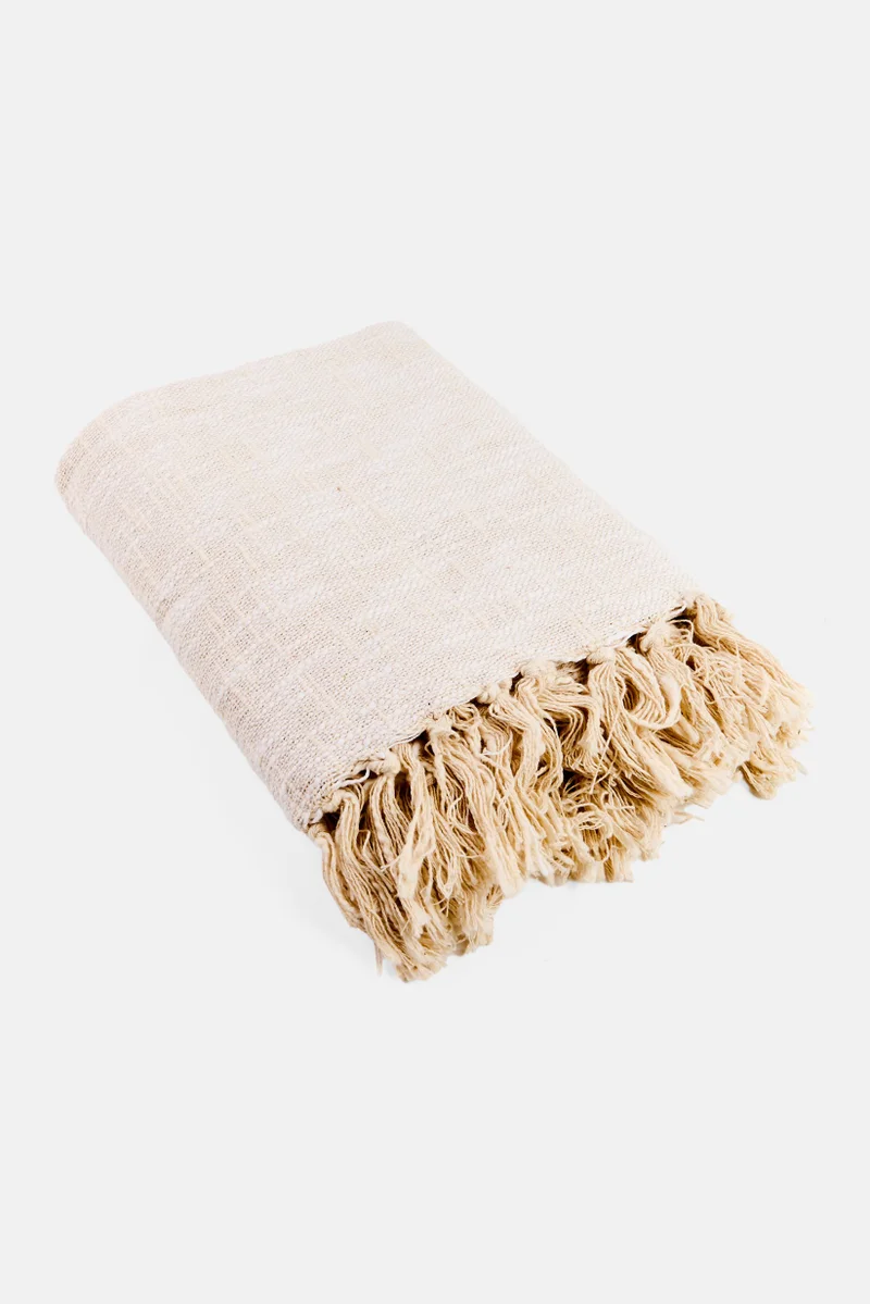 Muy Mucho Cotton Plaid With Fringes 130 x 160 cm, Cream