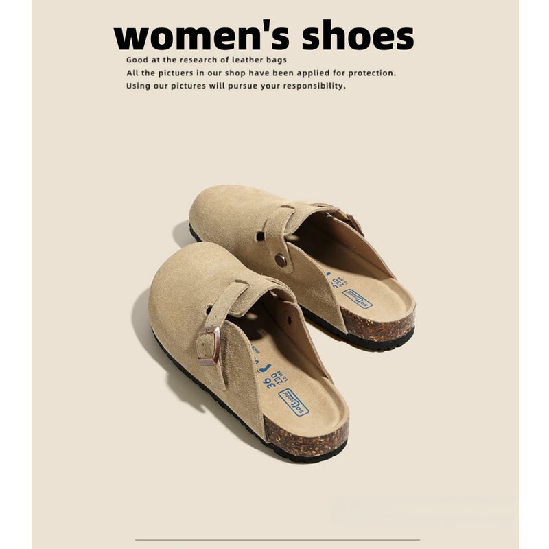 Cowhide Half Birkenstock Shoes Thick-Soled Outer Wear Casual Cork Birkenstock Toe Slippers Large Size Men And Women Couples Flat Bottom - Image 3