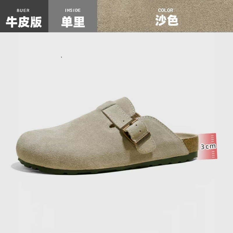 Cowhide Half Birkenstock Shoes Thick-Soled Outer Wear Casual Cork Birkenstock Toe Slippers Large Size Men And Women Couples Flat Bottom - Image 1
