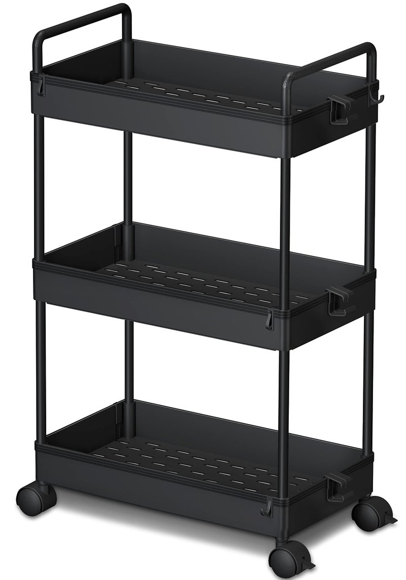 Ronlap 3 Tier Slim Rolling Storage Cart with Wheels Plastic Utility Cart Organizer for Snack Craft Art Postpartum Baby Diaper Nail Makeup in Bathroom Laundry Room Kitchen Bedside Narrow Space Black