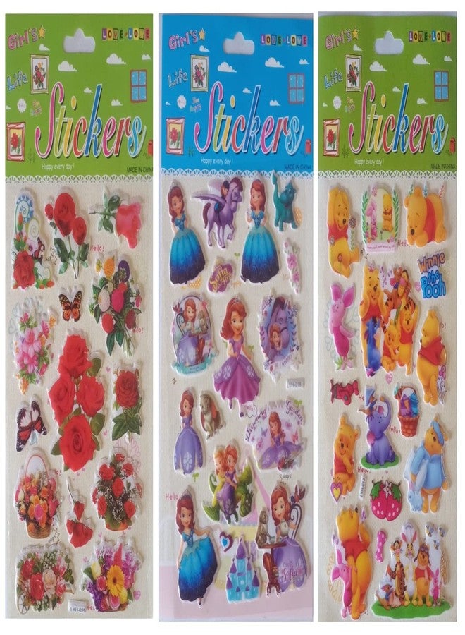 FULLFILLS Foam self Adhesive Puffy Stickers in Multi Shapes (1Flowers-1Princes-1Teddybear) (3 Sheets) - Image 1