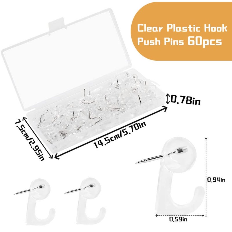 Mayboos 60 Pieces Clear Plastic Thumb Tack Hook, Plastic Heads Pin Tacks Wall Thumb Tacks Hanging Nails Decorative Push Pins Hooks for Cork Bulletin Board Map Photos Calendar, Home Office School Supplies - Image 2