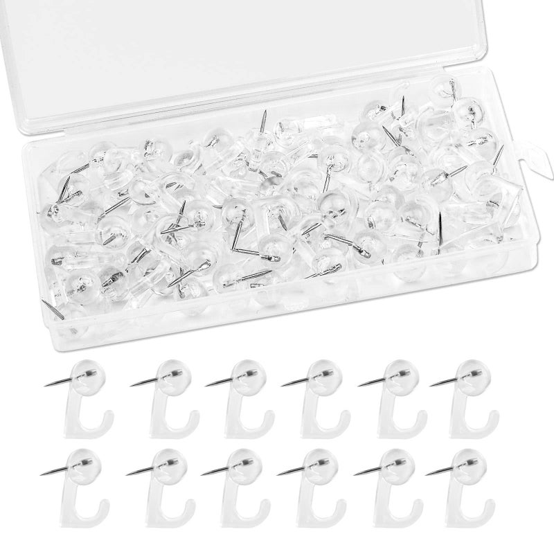 Mayboos 60 Pieces Clear Plastic Thumb Tack Hook, Plastic Heads Pin Tacks Wall Thumb Tacks Hanging Nails Decorative Push Pins Hooks for Cork Bulletin Board Map Photos Calendar, Home Office School Supplies - Image 1