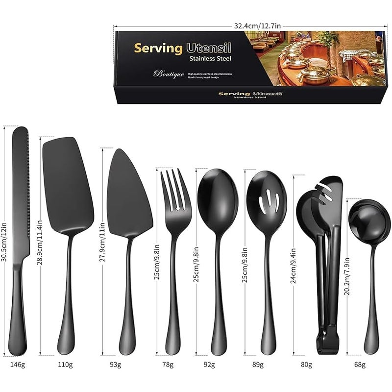 AARainbow Serving Utensils Set of 8, Large Buffet Serving Cutlery with Serving Spoon, Stainless Steel Serving Spoon, Salad Tongs, Cake Cutlery Set, Home Salad Servers for Party Banquet (8 Black) - Image 2