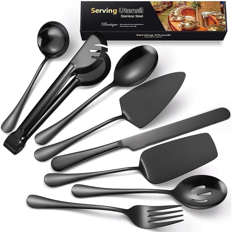 AARainbow Serving Utensils Set of 8, Large Buffet Serving Cutlery with Serving Spoon, Stainless Steel Serving Spoon, Salad Tongs, Cake Cutlery Set, Home Salad Servers for Party Banquet (8 Black) - Image 1