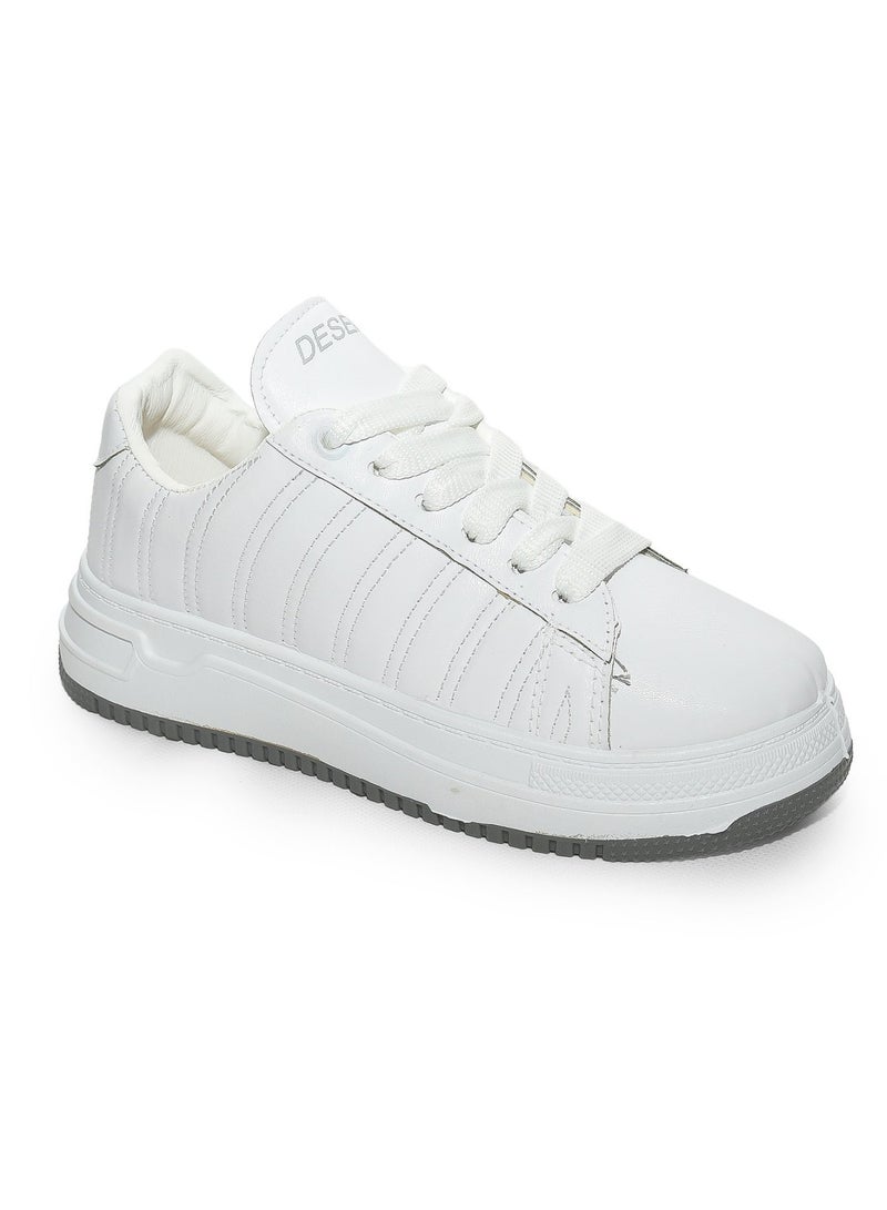 Desert Minimalist Side Embroidered Lace-Up White Flat Sneakers - Image 2