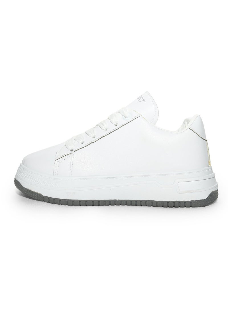 Desert Minimalist Side Embroidered Lace-Up White Flat Sneakers - Image 3
