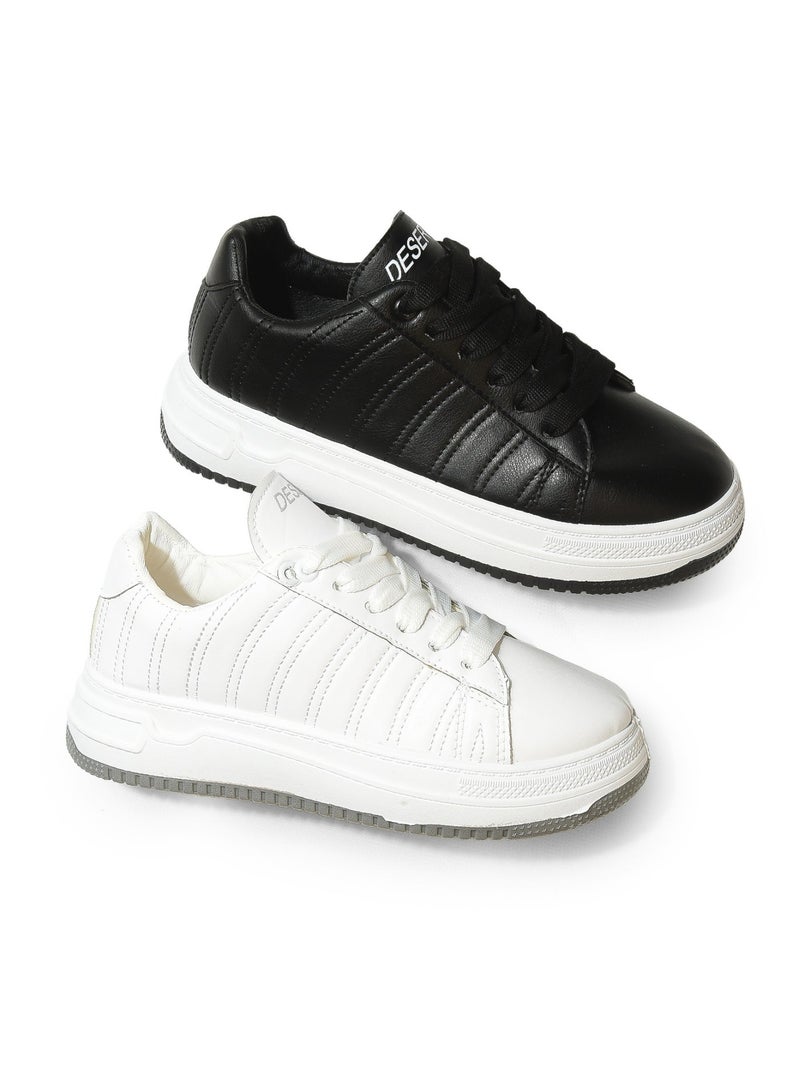 Desert Minimalist Side Embroidered Lace-Up White Flat Sneakers - Image 5