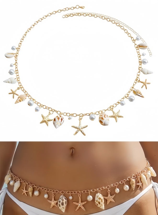 Gold Zinc Alloy Seashell Starfish Waist Chain 69cm Boho Pearl Body Chain Belt Women Beach Vacation Dress Jeans Decorative Belt Gift - Image 1
