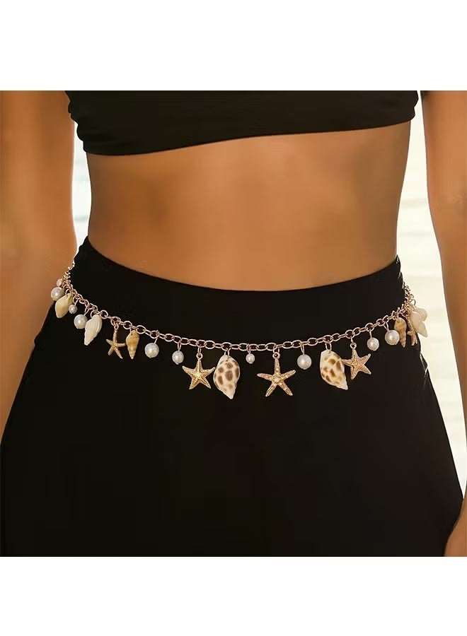 Gold Zinc Alloy Seashell Starfish Waist Chain 69cm Boho Pearl Body Chain Belt Women Beach Vacation Dress Jeans Decorative Belt Gift - Image 2