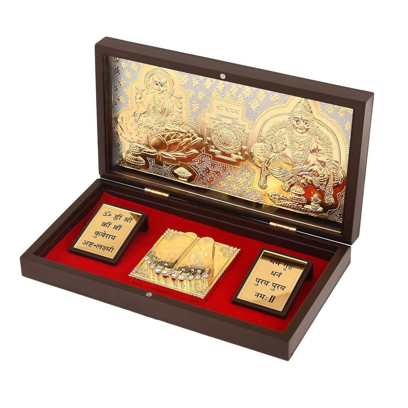 JAIPUR ACE JAIPUR ACE Gold Plated Shree Dhan Laxmi Kuber Charan Paduka Yantra Devotional Prayer Box Wooden Momento Decorative Showpiece Box Packing Diwali Gifting Charan Paduka - Image 3