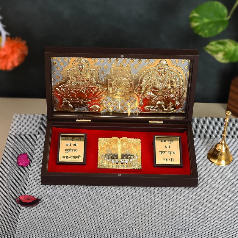 JAIPUR ACE JAIPUR ACE Gold Plated Shree Dhan Laxmi Kuber Charan Paduka Yantra Devotional Prayer Box Wooden Momento Decorative Showpiece Box Packing Diwali Gifting Charan Paduka - Image 1