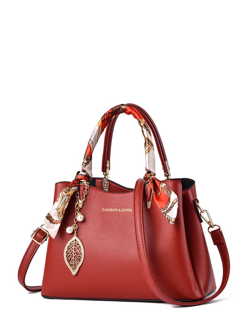 Red Women's PU Leather Handbag with Scarf & Leaf Charm - Elegant Pearl-Embellished Shoulder Bag for Parties/Weddings (28x13x20cm)