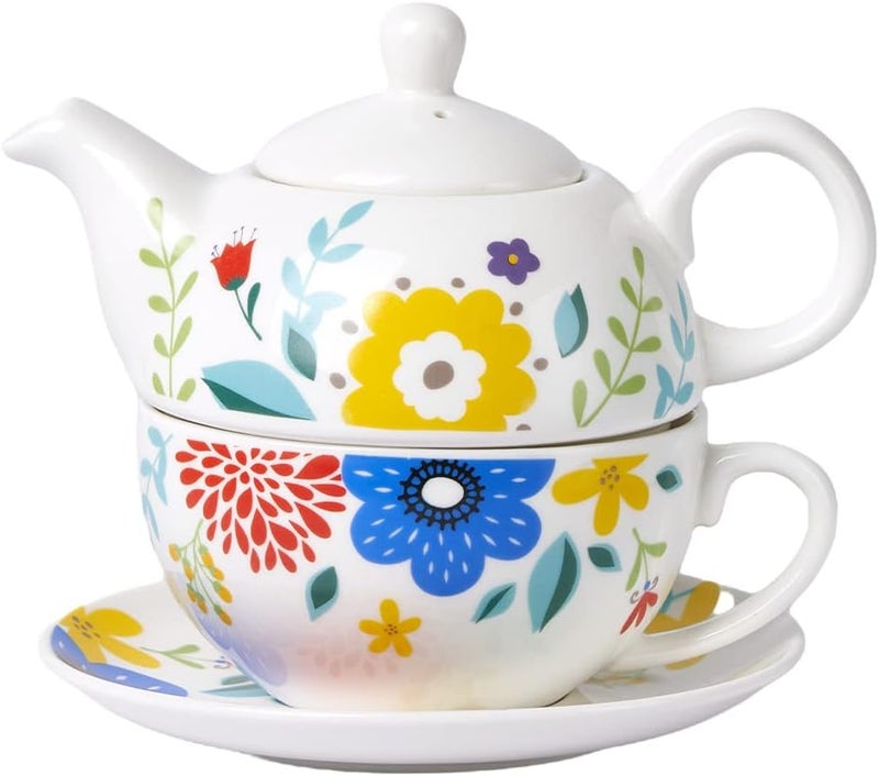 CHILDIKE Tea for One Porcelain Teapot and Cup Set, Tea Set for One, Floral Teapot, Tea Set Gift for Women, Garden Spring - Image 1