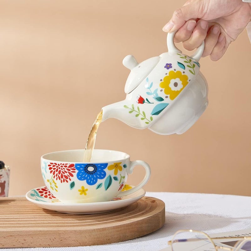 CHILDIKE Tea for One Porcelain Teapot and Cup Set, Tea Set for One, Floral Teapot, Tea Set Gift for Women, Garden Spring - Image 3