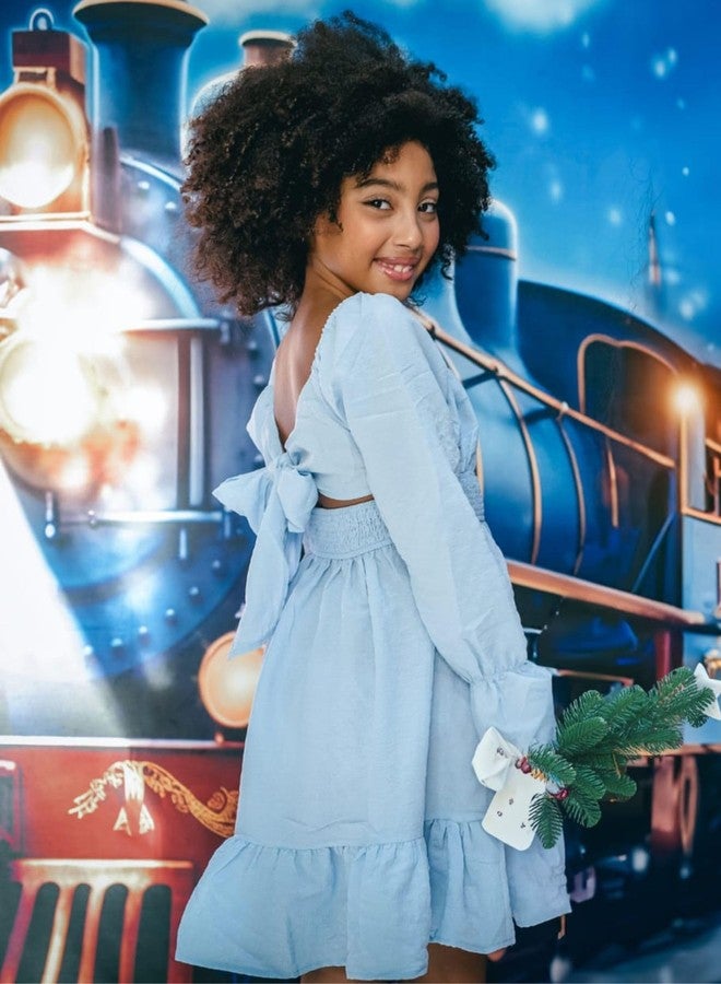 آرشنر فستان أنيق وعصري للبنات من أرشينر، بأكمام قصيرة مكشوفة وحافة مكشكشة، بكتف مكشوف، مناسب للأعمار من 4 إلى 12 سنة، لون أزرق شفاف، مقاس 11-12 سنة - Image 5