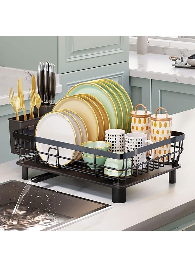 Hihonor - Dish Drying Rack,Drainboard Deflector Design with Utensil Holder and Knife Slot,Dish Storage Basket for Kitchen/Dining Room(Black) - Image 1