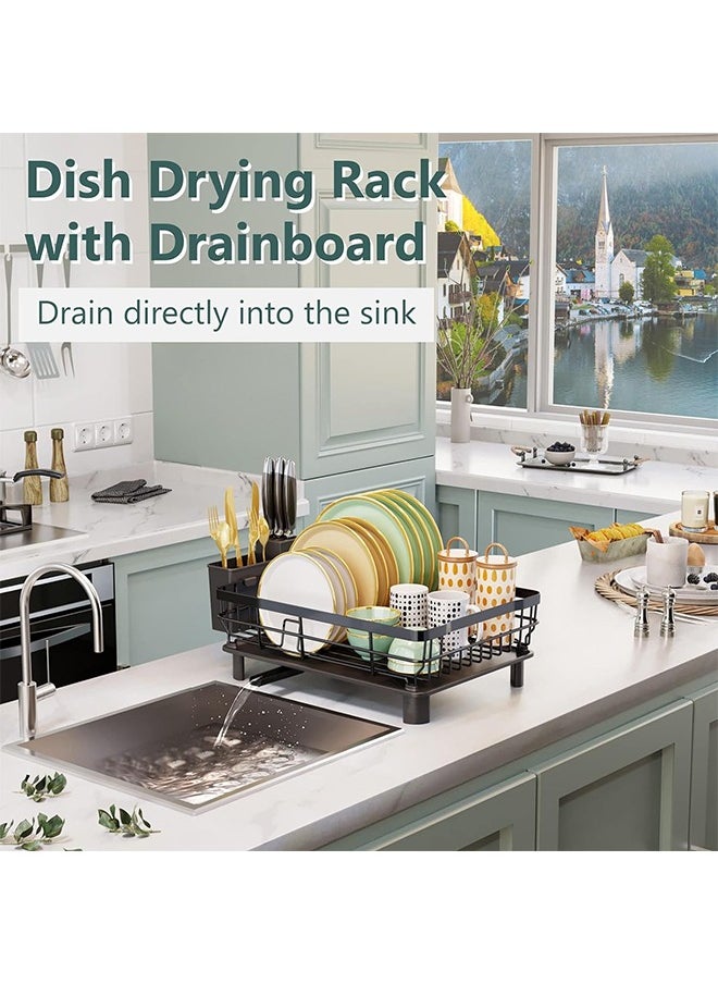 Hihonor - Dish Drying Rack,Drainboard Deflector Design with Utensil Holder and Knife Slot,Dish Storage Basket for Kitchen/Dining Room(Black) - Image 1