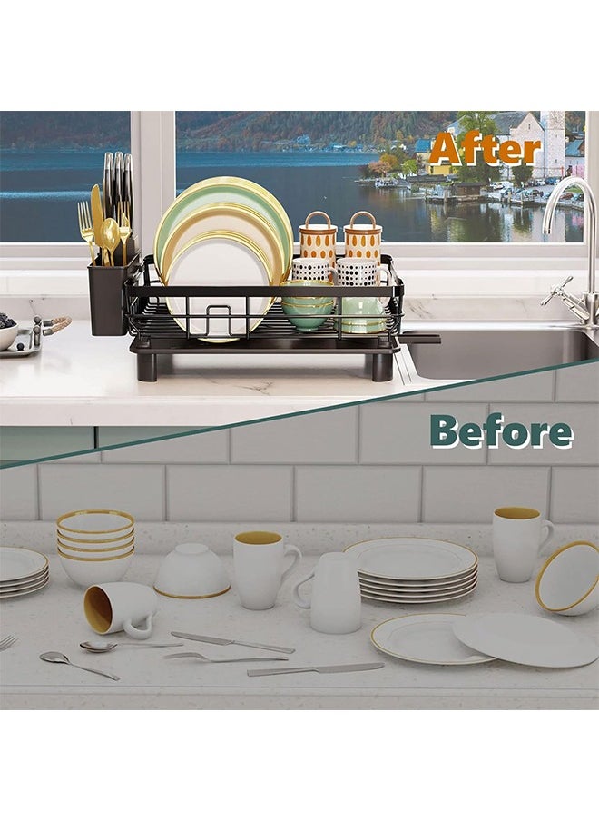 Hihonor - Dish Drying Rack,Drainboard Deflector Design with Utensil Holder and Knife Slot,Dish Storage Basket for Kitchen/Dining Room(Black) - Image 1