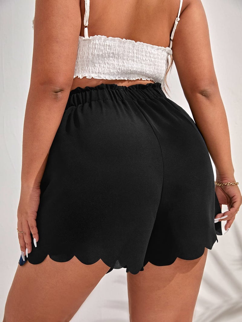 MakeMeChic Women's Plus Size Flowy Wide Leg Shorts Scallop Trim Summer Beach Vacation Shorts Black X-Large Plus - Image 2