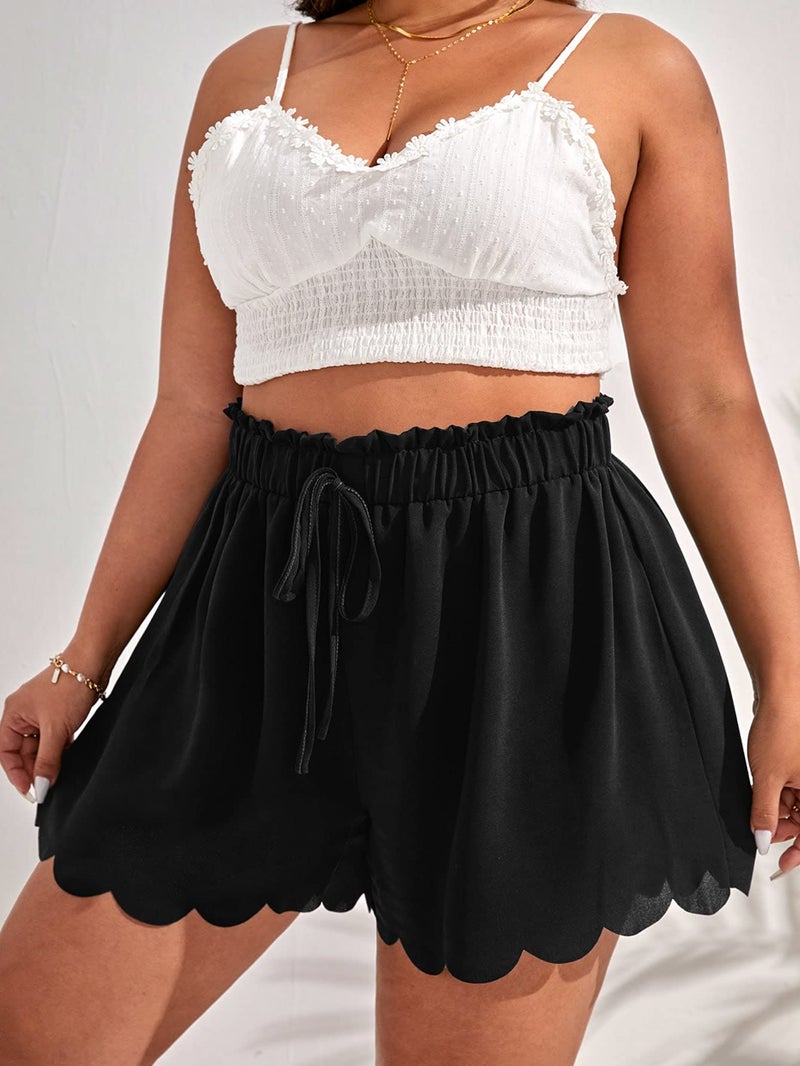 MakeMeChic Women's Plus Size Flowy Wide Leg Shorts Scallop Trim Summer Beach Vacation Shorts Black X-Large Plus - Image 3