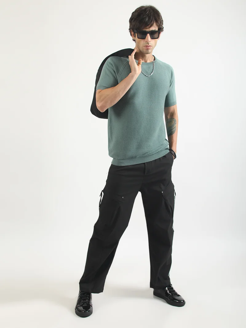 Maniac  Maniac Mens Textured Round Neck Raglan Half Sleeve Berly Green Cotton Polo Tshirt for Men | Best Price UAE